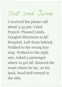 Sat 2nd June
I received the phone call about 3.45 pm. Cried. Prayed. Phoned Linda. Googled directions to KC Hospital. Left them behind. Walked to the wrong bus stop. Walked to the right one. Asked a passenger where to get off. Entered the room where he lay, on his back, head half-turned to the side. 